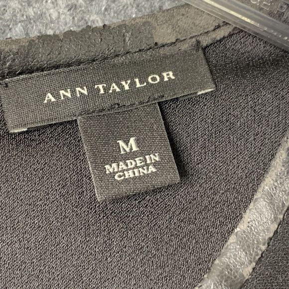 Ann Taylor Black Top 3/4 Sleeve Front Leather Panel Women M Keyhole & Tie Back - Picture 5 of 10